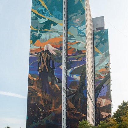 Mural z Wiedźminem na wieżowcach łódzkiego Manhattanu, fot ŁÓDŹ.PL